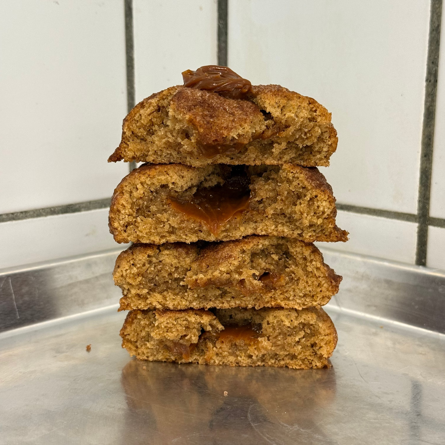 Stack of churro dulce de leche cookies